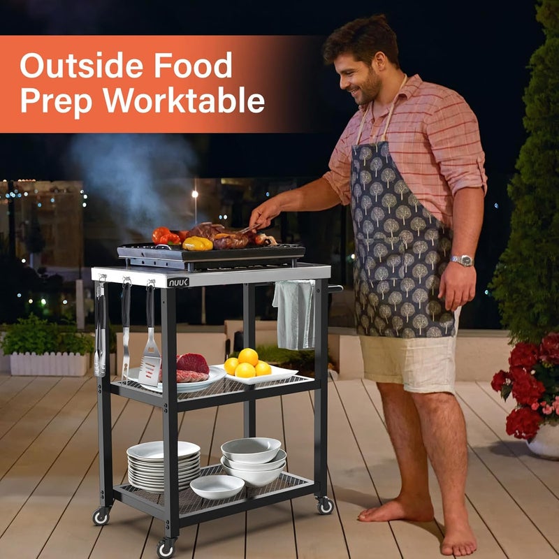 NUUK Grill Cart 16" x 24" Dining Prep Table 3-Shelf Kitchen Worktable Rolling Outdoor Pizza Oven Carts with Stainless Steel Top for Outside BBQ Tables - Image 3